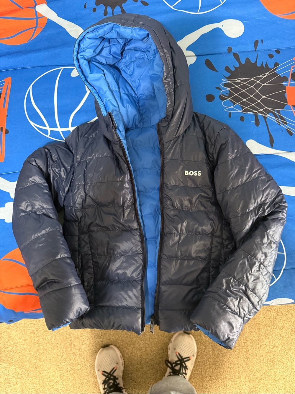 BOSS Kids' Reversible Hooded Puffer Jacket - Navy/Light Blue